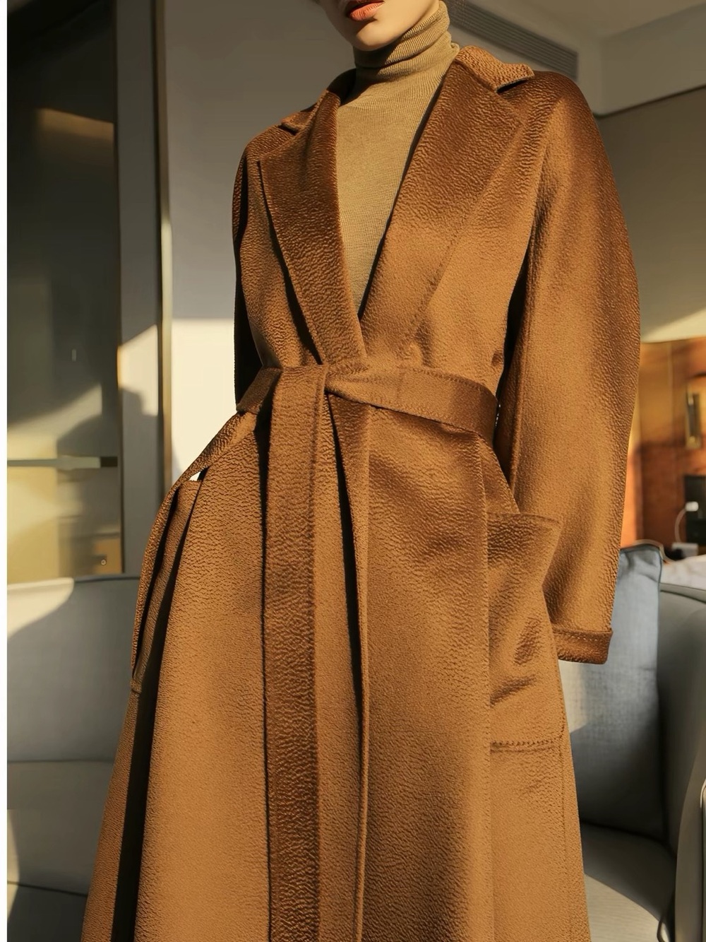 100% Cashmere Caramel Women's Camel Pea Coat with Belted Wrap